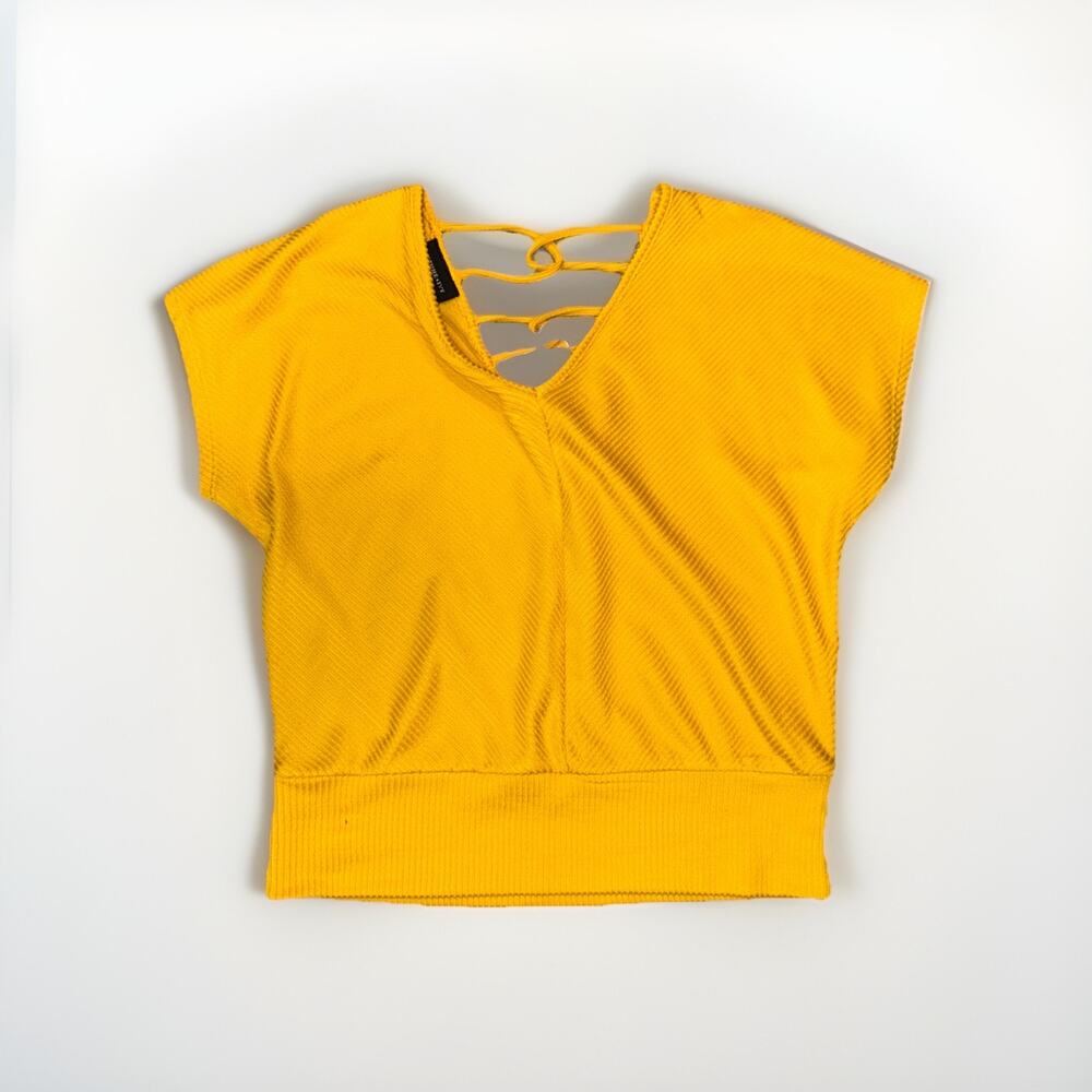 Fortune + Ivy Mustard Yellow Ribbed Knit Lace-Up Back Top Women’s Size M